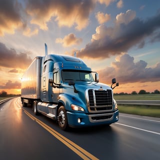 Realistic, Transportation, aesthetic, a semi-truck driving on a highway at sunset with clouds in the background, by David B. Mattingly, fine art, shutterstock, truck, trucks, istock, truck racing into camera, transportation design render, long highway