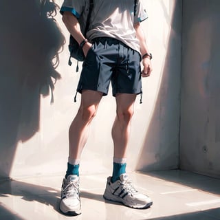 Realistic, Shoes, aesthetic, solo, 1boy, standing, male focus, shoes, shorts, socks, shadow, white footwear, sneakers, close-up, lower body