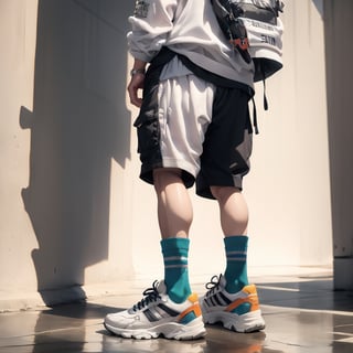 Realistic, Shoes, aesthetic, solo, 1boy, standing, male focus, shoes, shorts, socks, shadow, white footwear, sneakers, close-up, lower body