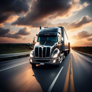 Realistic, Transportation, aesthetic, a semi-truck driving on a highway at sunset with clouds in the background, by David B. Mattingly, fine art, shutterstock, truck, trucks, istock, truck racing into camera, transportation design render, long highway