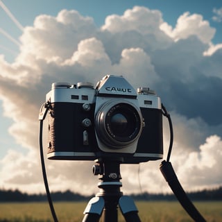 Realistic, Film, aesthetic, sky, cloud, blurry, no humans, camera, cable