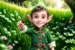 CELTS, Seeking Clovers: (masterpiece, highly detailed CGI, unity engine:1.2) A curious (elf child with pointy ears:1.3), green tunic, exploring lush grassy meadow filled with colorful flowers, bending down pointing at a (vibrant four leaf clover:1.4) he found, warm sunlight filtering through trees, soft lighting, radiant smile on his face, visual lucky symbols like ladybug on his finger, acorn necklace, horseshoe imprint in the grass, detailed matte painting, deep color, fantastical, intricate detail, splash screen, complementary colors, fantasy concept art, 8k resolution trending on Artstation Unreal Engine 5