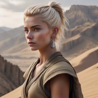 skinny, young, teen on a mountain, platinum blonde hair hazel eyes, female, (masterpiece) , handsome, pointy ears, short hair, undercut, man bun, earings, rogue, Dune style