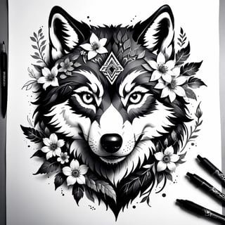 Visual Design, Tattoo, aesthetic, a black and white drawing of a wolf head with flowers and other designs on it, a detailed drawing, behance contest winner, elaborate ink illustration, intricate ink illustration, geometric wolf, tattoo design, hyper detailed wolf - like face, ink artwork,more detail XL