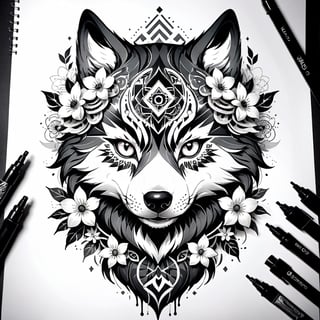 Visual Design, Tattoo, aesthetic, a black and white drawing of a wolf head with flowers and other designs on it, a detailed drawing, behance contest winner, elaborate ink illustration, intricate ink illustration, geometric wolf, tattoo design, hyper detailed wolf - like face, ink artwork,more detail XL