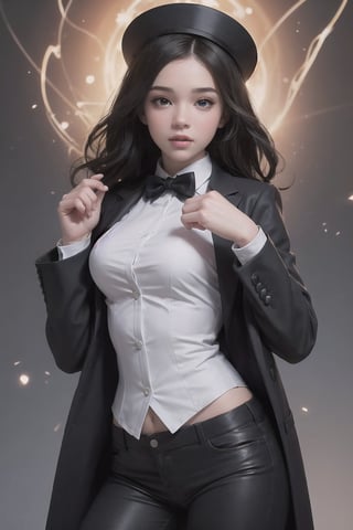 ultra detailed shot of a young woman, (Hailee Steinfeld) dressed as zatanna zatara, she wears a top hat fishnet stockings very short leather pants white shirt and a tailcoat jacket, magical, art by mschiffer, ethereal, Zatanna from DC comics, she's making some magic, magical lights, 32k resolution, best quality, dynamic pose, action pose