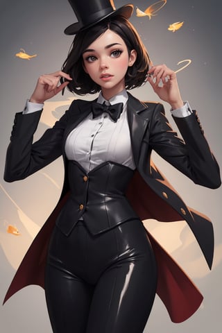 ultra detailed shot of a young woman, (Hailee Steinfeld) dressed as zatanna zatara, she wears a top hat fishnet stockings very short leather pants white shirt and a tailcoat jacket, magical, art by mschiffer, ethereal, Zatanna from DC comics, she's making some magic, magical lights, 32k resolution, best quality, dynamic pose, action pose