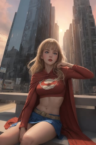 1girl, arm support, bangs, belt, blue eyes, blue skirt, blush, blonde hair, breasts, building, cape, cityscape, closed mouth, crop top, cropped shirt, day, feet out of frame, floating hair, from below, legs together, long hair, long sleeves, looking at viewer, medium breasts, midriff, navel, outdoors, pink lips, pleated skirt, red cape, sitting, skirt, skyscraper, solo, sunset, superhero, yellow sky , ((masterpiece)) ,JIM LEE