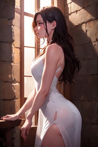 ultra detailed 8k cg, Attractive woman sorcerer translucent white dress, wet, realistic photo side view, dungeons, side light