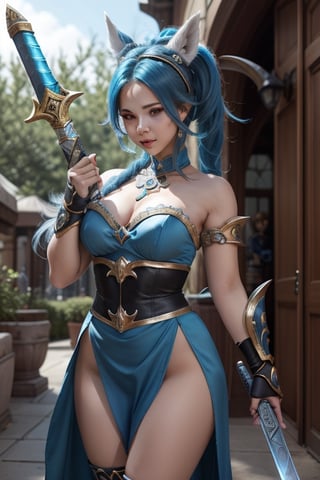 Monroe, in a blue dress holding a sword, samira from league of legends, ne zha from smite, ornate cosplay, morgana from league of legends, glamourous cosplay, senna from league of legends, from league of legends, irelia from league of legends, league of legends inspired, cosplay, professional cosplay, elegant glamourous cosplay