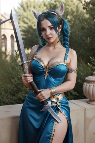 Monroe, in a blue dress holding a sword, samira from league of legends, ne zha from smite, ornate cosplay, morgana from league of legends, glamourous cosplay, senna from league of legends, from league of legends, irelia from league of legends, league of legends inspired, cosplay, professional cosplay, elegant glamourous cosplay
