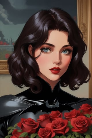 Vintage beautiful stunning boy in a wonderful batman dress, full face perfect portrait, perfect eyes, perfect vintage hair, perfect lips, masterpiece, surrounded by roses, Mysterious