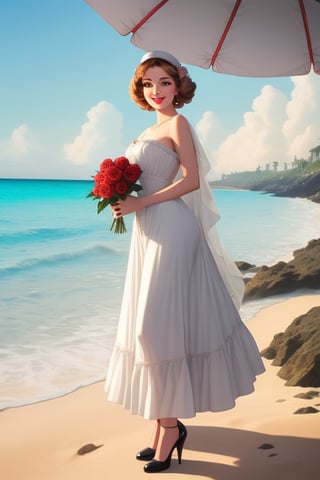 face of a very beautiful Vintage woman, appealing pale eyes, smiling face, full_body_portrait , full face perfect portrait, perfect eyes, perfect vintage hair, perfect lips, masterpiece, surrounded by roses, Mysterious, beach_umbrella, seaside, standing on sand,crystalline water surrounding 