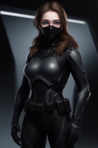 hight detailed, short brown hair, a nordic 30 years old soldier woman, pretty oval face, stands in black cybersuit 
