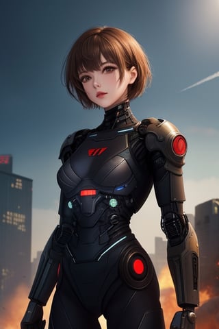 a soldier woman, brown short hair,  blackcyber suit, high quality. detailed, d 