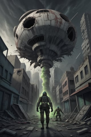 destroyed city, spaceship. toxic mashrooms,zombies, soldiers
