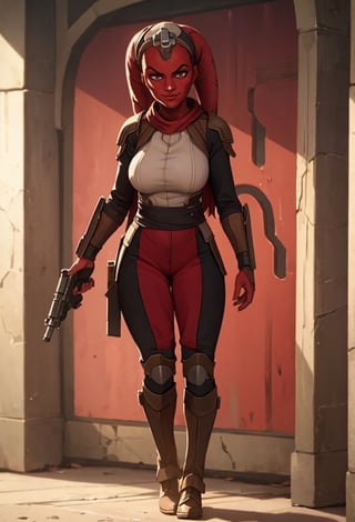 arcane style,Twilek, 1girl, alone, red skin, armor, full body in frame, laser pistol, Mandalorian armor, angry, lopsided smirk, big breasts, D-cup, red face, red hands,
