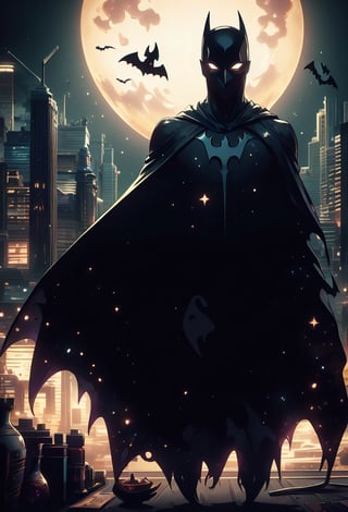 (extremely detailed CG unity 8k wallpaper, masterpiece, best quality, ultra-detailed, best shadow), (detailed background), (beautiful detailed face, beautiful detailed eyes), High contrast, (best illumination, an extremely delicate and beautiful), ,man with batman costume mask and cape, body covered by the cape. Batman looming with the moon in the background. Gotham City skyline, full body in frame, silhouette with glowing eyes,batman,l4tex4rmor,Celestial Skin ,HalloweenGlowStyle