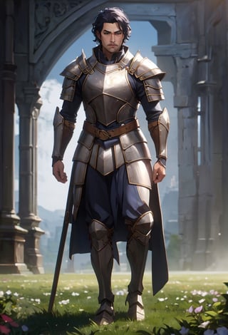 Arcane,acncait,cool pose, field background, full body shown in frame. Lancelot du Lac, standing stright, proud stance, manly, knight, cape, cloak,armor