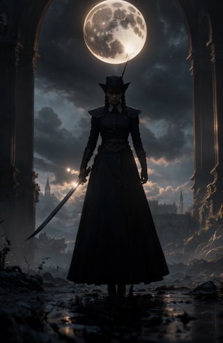 (RAW photo, HDR:1.2), (Hyper-realistic:1.4), (super detailed:1.4), (high quality, 8k), Lenkaizm, Envision a bloodborne warrior standing in front of castle gate, detailed face, surrealism, gigantic, ethereal, fantasy realm, mysty environment, high contrast, volumetric lighting casting a sharp shadow to add more mysterious atmosphere, masterpiece, foggy background, cloud_scape, front light, complex terrain, detailed background, intricate texture and details,Blue Backlight,Maria,r1ge,Wednesday Addams as the Good Hunter, eyes glowing with a ghostly light, vorpal blade, breasts, nightime, full moon, black hair, black Robin Hood hat with a red feather,twisted fate