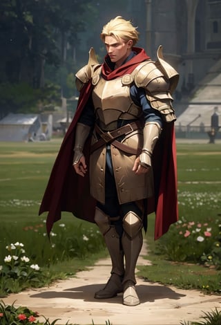Arcane,acncait,cool pose, field background, full body shown in frame. Tristan, standing stright, proud stance, manly, knight, cape, cloak,armor