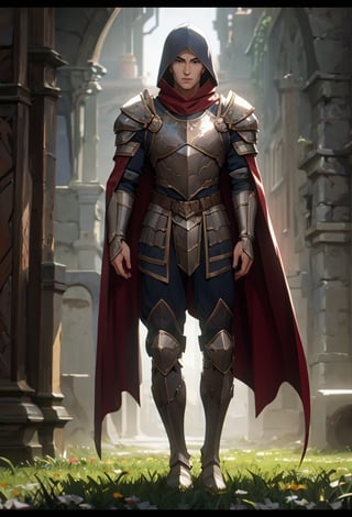 Arcane,acncait,cool pose, field background, full body shown in frame. Agravain, standing stright, proud stance, manly, knight, cape, cloak,armor