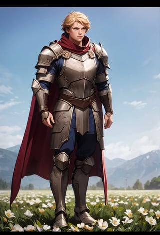 Arcane,acncait,cool pose, field background, full body shown in frame. Gawain, standing stright, proud stance, manly, knight, cape, cloak,armor