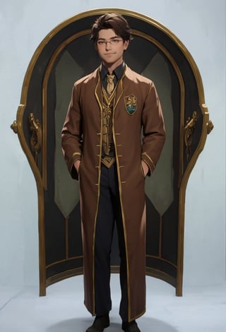 Arcane,acncait,proud pose, full body in frame, brown hair, short hair parted to one side, glasses, boy, alone, lopsided smirk, black robes,hogrobe