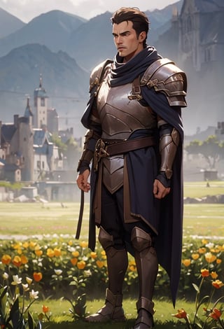 Arcane,acncait,cool pose, field background, full body shown in frame. Percival, standing stright, proud stance, manly, knight, cape, cloak,armor