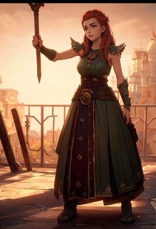 Arcane,acncait,proud pose, medieval background, full body shown in frame, Morgana le Fay, wild aburn hair swept backwards, Arturian times,Ginger,anna, standing stright, green dress with gold accents, AloyHorizon