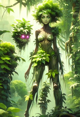 Arcane,acncait, humanoid plant monster, green glowing eyes, full body in frame, covered in leaves, leafy legs, leafy arms, leafy chest, leafy head moss body, spriggan, tree crown head, branches growing out of the head, green body, green face. ent, body made of leaf, leafe covered arms, leaf covered chest, leaf covered legs, plant elemental, wide legged stance, 2legs, woman, standing stright, smirk, green face, alone, monsters00d,Style_SM,jelokii,cnb,green skin,DonMW15p