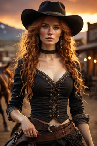 1 girl, beautiful 24 year old Celtic bandit, in an 1800s old west town, sunset, black stetson, black clothes, on horse, braids, horses, (ginger hair:1.6),(absurdly long hair:1.8), shiny hair, glossy hair,, (freckles:1.4), atmospheric, ultra detailed, hyper realistic, (depth of field), bokeh, HairDetail, great lighting,Eye-catching sunset