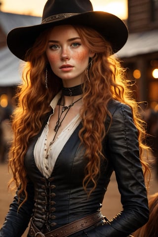 1 girl, beautiful 24 year old Celtic bandit, in an 1800s old west town, sunset, black stetson, black clothes,( on horse, )braids, horses, (ginger hair:1.6),(absurdly long hair:1.8), shiny hair, glossy hair,, (freckles:1.4), atmospheric, ultra detailed, hyper realistic, (depth of field), bokeh, HairDetail, great lighting,Eye-catching sunset