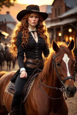 1 girl, beautiful 24 year old Celtic bandit, in an 1800s old west town, sunset, black stetson, black clothes,(( on horse), )braids, horses, (ginger hair:1.6),(absurdly long hair:1.8), shiny hair, glossy hair,, (freckles:1.4), atmospheric, ultra detailed, hyper realistic, (depth of field), bokeh, HairDetail, great lighting,Eye-catching sunset