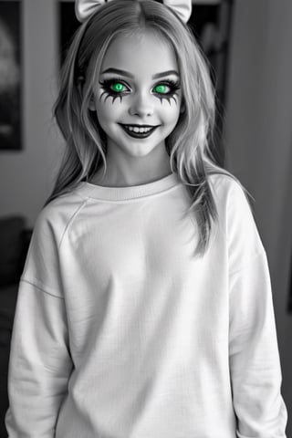 Black and white vintage full body photo of a young girl with glowing green eyes and clown makeup, by Artgerm, anime cgi style, creepypasta, about to devour you, mischievous smile, creepy pose, kabuki makeup, yume nikki, hyperreal render, [[grinning evily]], anigirl batman, lori earley, noire,Vanessa,full body