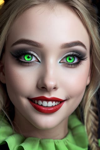 Black and white vintage close-up photo of a girl with glowing green eyes and clown makeup, by Artgerm, anime cgi style, creepypasta, about to devour you, mischievous smile, creepy pose, kabuki makeup, yume nikki, hyperreal render, [[grinning evily]], anigirl batman, lori earley, noire,Vanessa