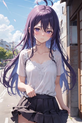 nsfw,11yo,下から, 人のいない公園,ahoge,long hair,purple hair,1girl,skirt lift,frown,blush,cute casual dress,blue sky,looking at viewer,surprised,close up, pov