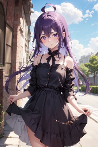 nsfw,11yo,下から, 人のいない公園,ahoge,long hair,purple hair,1girl,skirt lift,frown,blush,cute casual dress,blue sky,looking at viewer,surprised,close up, pov