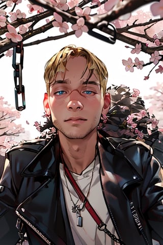 masterpiece, best quality (detailed face, detailed skin texture, (cinematic light: 1.1),extremely detailed CG, unity 8k wallpaper, ultra Detailed,perfect Fingers,background ,blonde Hair,cherryblossom wind, cherryblossom,pink lights,chains,Choker,handcuffs,hands up,Long Hair,complex background,High detailed,Clean face,3DMM,1 girl,blackGreen eyes,perfecteyes ,Male,man,
