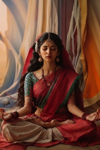 abstract image,aesthetic image  1.5,perfect face1.9, realistic image 1.8,beautiful Indian woman sitting and meditating near sea, indian woman 1.8, sunset in the background, beautiful sea ,(ultra realistic image 1.2), beautiful face 1.4, realistic detailed eyes 1.2, realistic texture skin, real skin texture 1.5,black long hair, perfect human body anatomy,