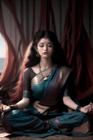 beautiful face,abstract image,high contrast,ultra detailed face,aesthetic image  1.5,perfect face1.9, detailed face, perfect nose,realistic image 1.8,beautiful Indian woman sitting and meditating near sea, indian woman 1.8, sunset in the background, beautiful sea ,(ultra realistic image 1.2), beautiful face 1.4, realistic detailed eyes 1.2, realistic texture skin, real skin texture 1.5,black long hair, perfect human body anatomy,