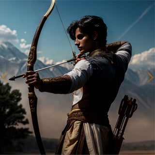 solo, long black wavy hair, 1indian boy, holding bow , standing, full body, weapon bow , male focus, outdoors, day, pants, holding weapon bow , tree, traditional style white indian dhoti , lean muscular, long  wavy hair, pectorals, nature, forest, bow \(weapon\), realistic, arrow \(projectile\), manly, chest hair, quiver,Portrait ,gold jewellary,manly face,topless ,

