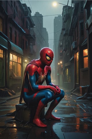 Spider-Man with a cybernetic suit sitting on a street at dark night, with rain, crestfallen, sad, with torn mask, buildings with lights on through the windows, street desolate and empty because of the rain. Soledad, film scene,Cyborg,horror (theme), tights,digital painting,digital artwork by Beksinski