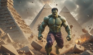 [Hulk/ destroying pyramids] film poster, in the style of epic movement, Dynamic composition, cinematic color grading, stunning, photorealistic, chaotic action, intense emotion. Shot with a Canon EOS-1D X Mark III, (motion blure:1.2)