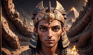 Generate an image of an Egyptian pharaoh's head wearing a Nemes headdress and a cobra symbol, depicted in a hyper-realistic digital art style with a cracked texture and fiery orange and black splashes. The image should have a dark background and convey a mysterious, powerful, and enigmatic atmosphere.
