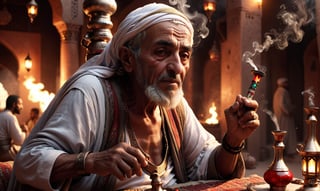 arabic old man, photography, Cinematic lighting, Realism, Unreal Engine, Rising angle perspective, Action camera, Dramatic scene --chaos 4, drinking shisha
