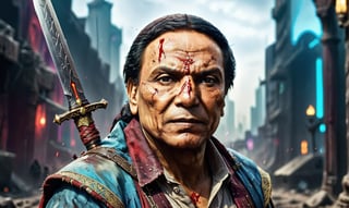 Arab warrior, evil look, wearing ancient clothes, blood on face, wounds in face, adel emam with sword in his hand, High detailed, Color magic,cyberpunk style,adel emam,LegendDarkFantasy,photo r3al,colorful,color art,color chaos,more detail XL, cinematic moviemaker style