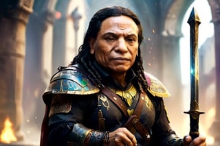 Portrait of egyptian warrior adel emam and sword in his hand, High detailed, Color magic,cyberpunk style