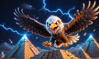 Realistic and fun image of a [eagle] with a joyful expression, [flying over the pyramids]. motion blur, at night, thunderstorm, giving the scene a lively, energetic atmosphere.
,disney pixar style