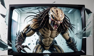 POV you looking at: a double exposure view of a: hyper surreal realistic picture of the Predator trying to escape a TV, ((cracking the screen of the TV)), glass shards fly everywhere

